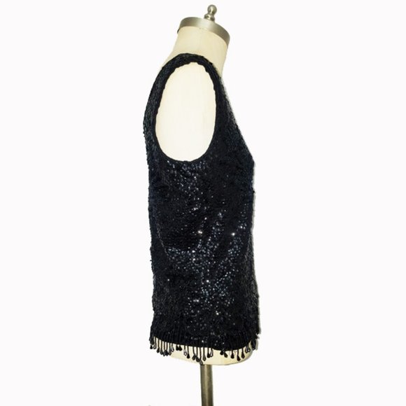 Vtg 60s Black Wool Sequined Hand Beaded Top M - Picture 5 of 10